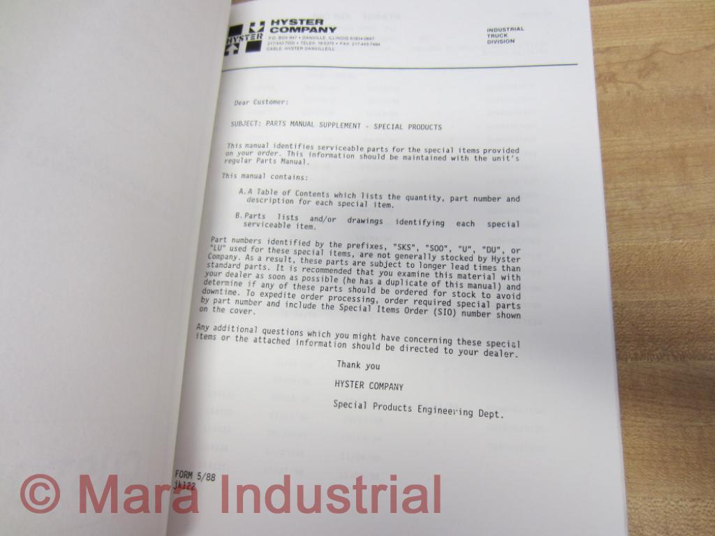 Hyster E100XL2S Special Products Parts Manual Customer Copy Hy-E100XL2S (Pack of