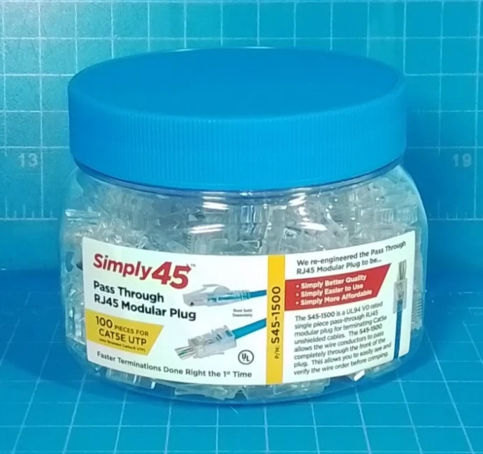 Simply45 S45-1500 Cat5E Unshielded Pass-Through RJ45 Modular Plugs 100 pc/Jar