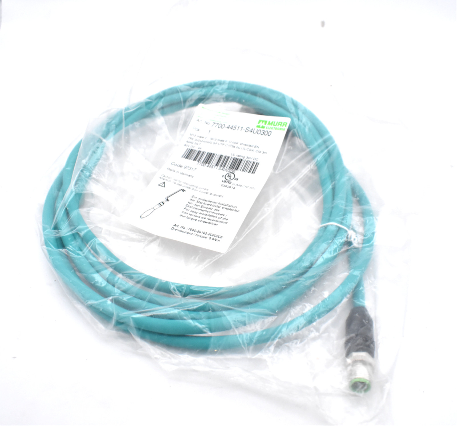 MURR ELEKTRONIK 7700-44511-S4U0300 CAT5E ETHERNET STRAIGHT-THROUGH PATCH CABLE