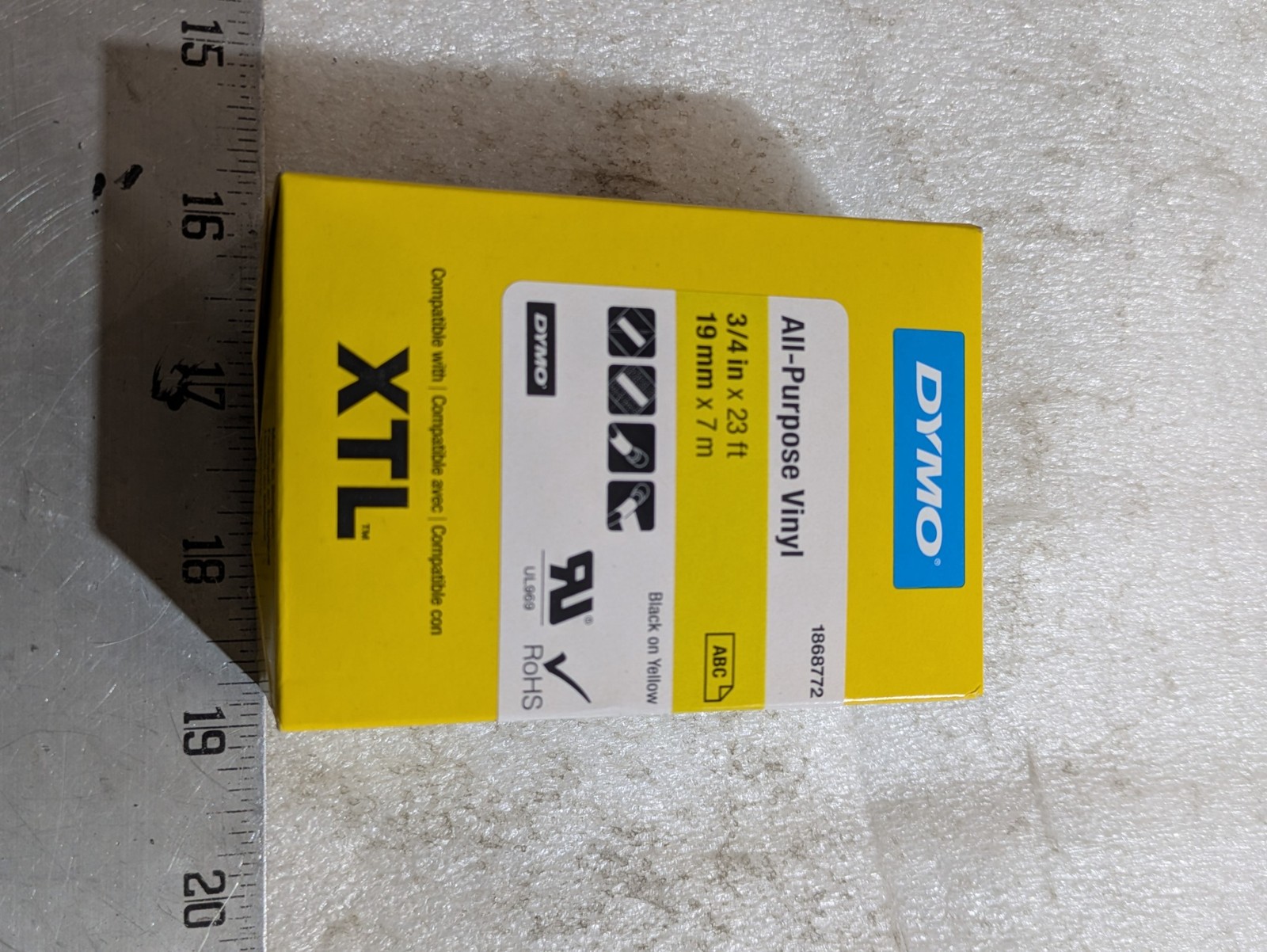 DYMO 1868772 All-Purpose Vinyl Label Tape 3/4in x 23ft Black on Yellow