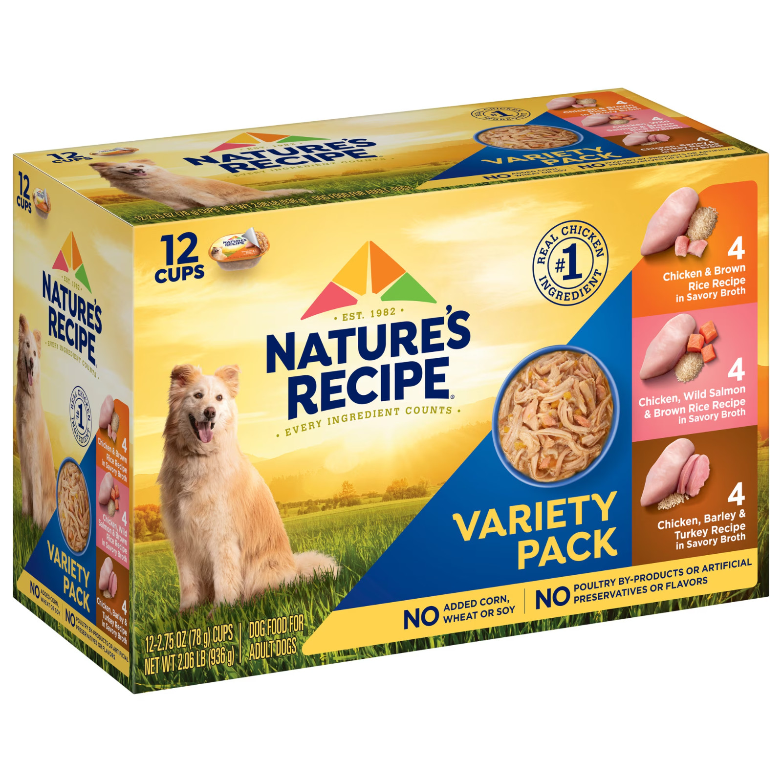 4 Pack Nature’s Recipe Chicken, Salmon & Turkey Wet Dog Food, 2.75 oz Cups 12Ct