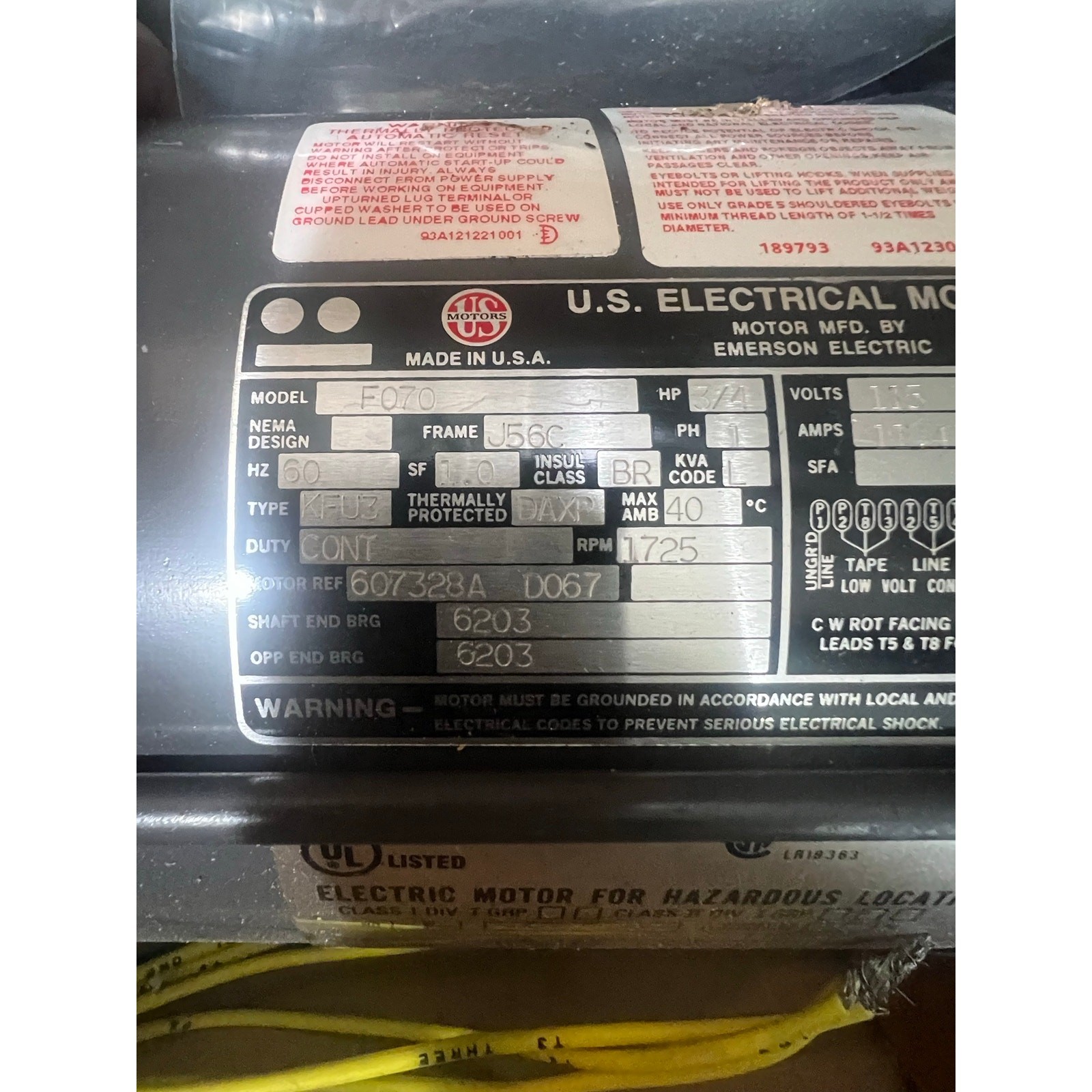 US Electrical Motors FQ70 3/4 HP Hazardous Location Motor J56C 1725 RPM 115V