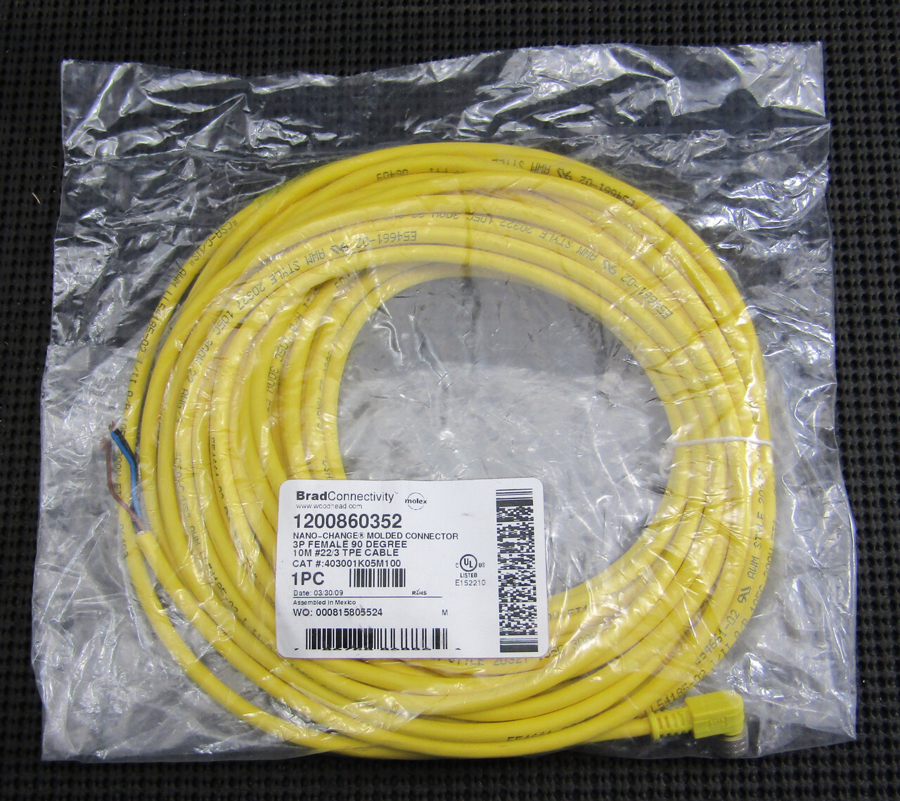 BRAD CONNECTIVITY 1200860352 3P FEMALE 90 DEGREE 10M 22/3AWG 403001K05M100