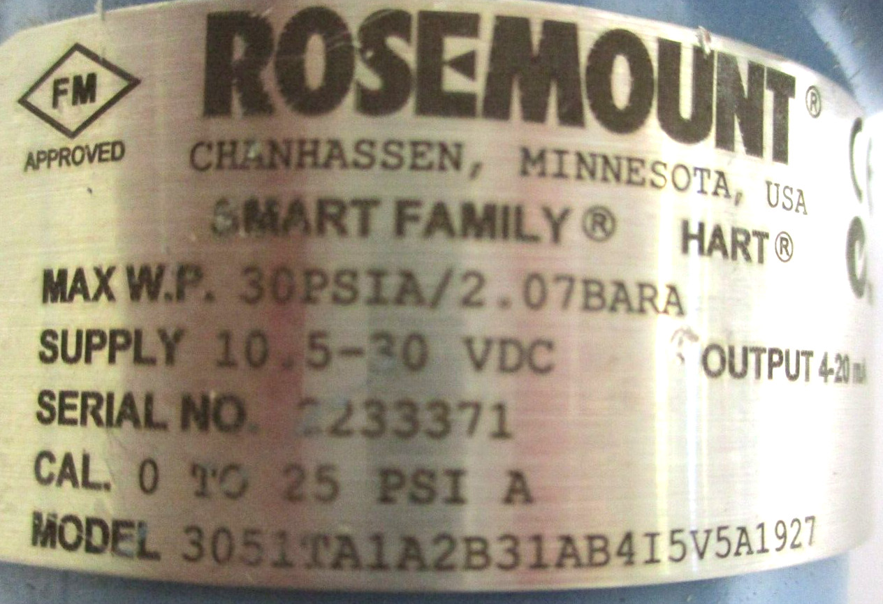 ROSEMOUNT , 3051TA1A2B31AB4I5V5A1927 , 1/2″ FNPT TRANSMITTER , SLIGHTLY USED