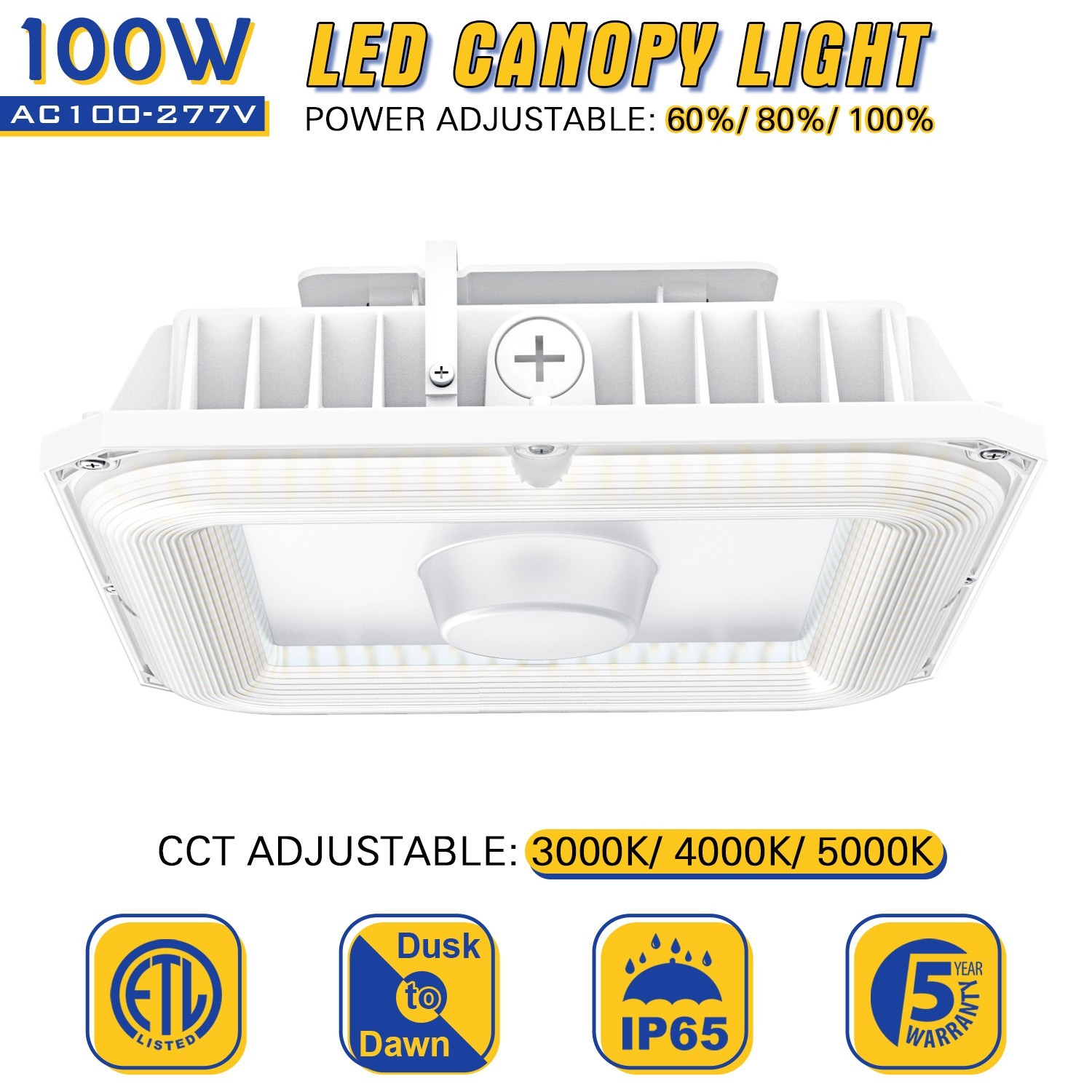 100W LED Canopy Light 4500K/5000K/5700K Parking Lot Gas Station Lighting 13500LM