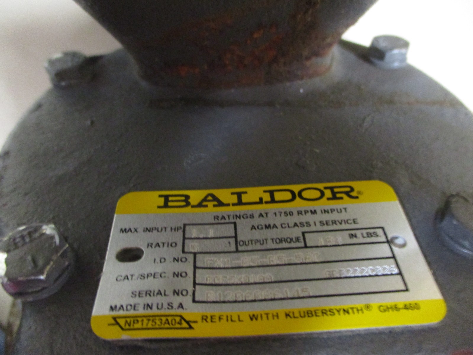 Baldor Motor and Gear Box 1750 RPM Max. Input H.P. 1.1 Ratio 5:1 A9043HM