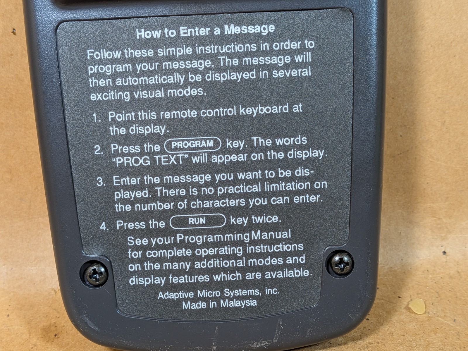 Adaptive Micro Systems 10721112CLF LED Sign Remote Control Keyboard
