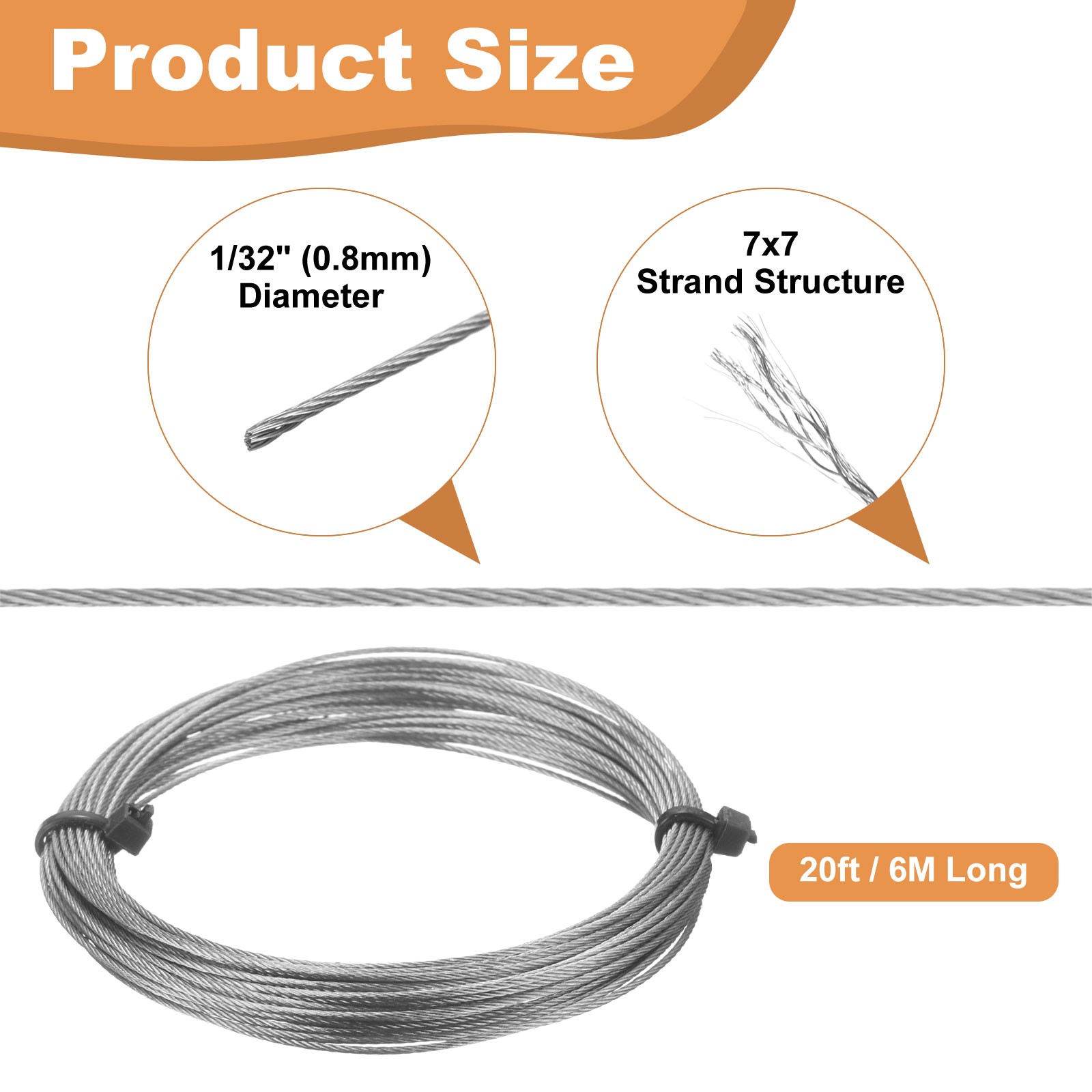 20ft (6M) 0.8mm Stainless Steel Wire Rope 7×7 Strand with 20pcs Loop Sleeves,