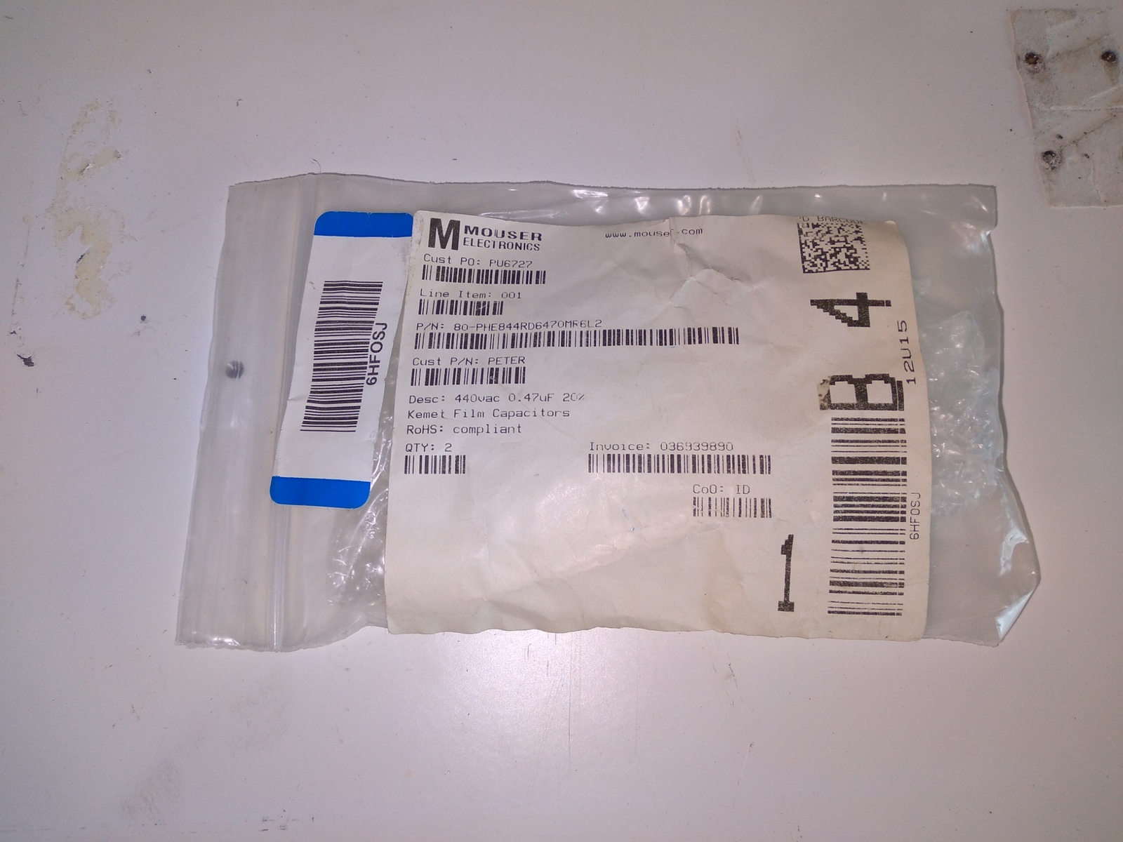 MOUSER 80-PHE844RD6470MR6L2 440VAC 0.47UF 20% KEMET FILM CAPACITORS