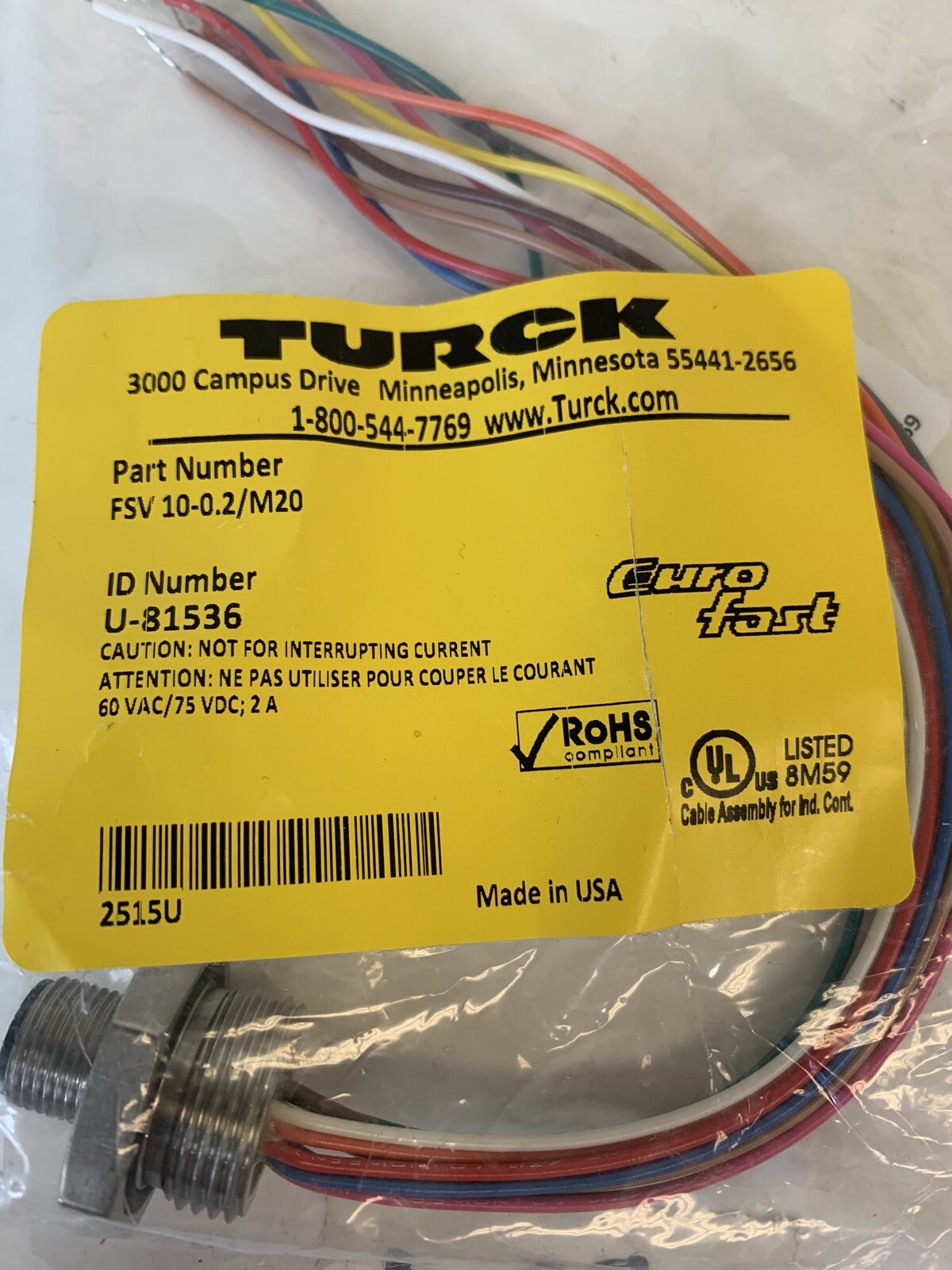 Turck FSV 10-0.2/M20 ID# U-81536 New In Sealed Bag!