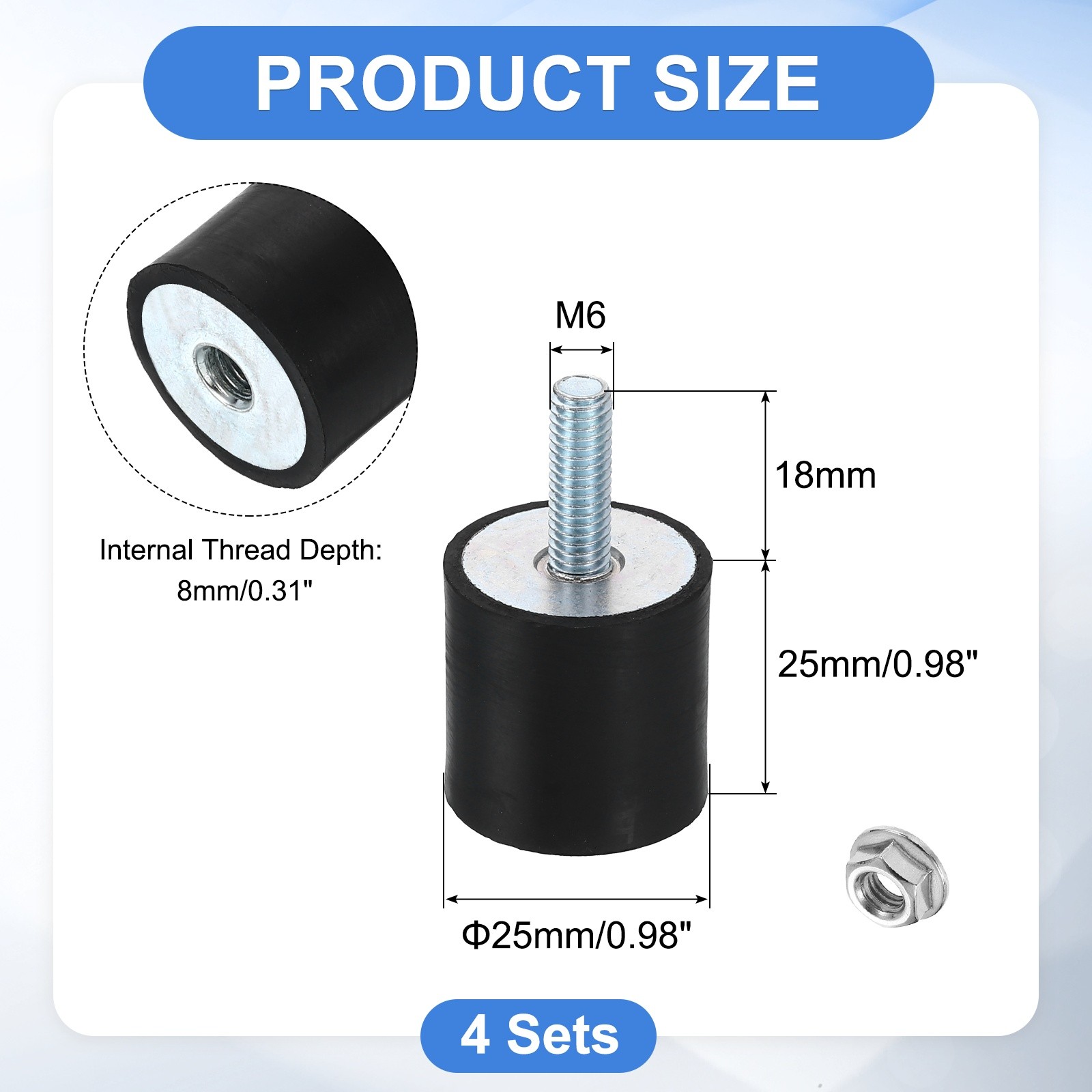 4Pcs M6x18mm Rubber Mounts 25x25mm Rubber Shock Absorber Mount with Nuts