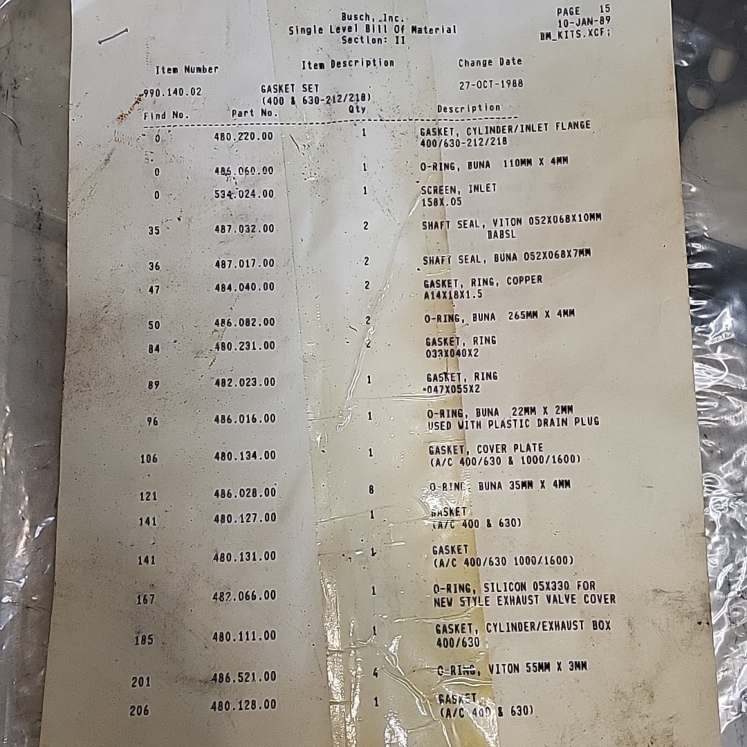 Vintage NEW BUSCH 990.140.02 GASKET SET FOR VACUUM PUMP Missing Pieces See Photo