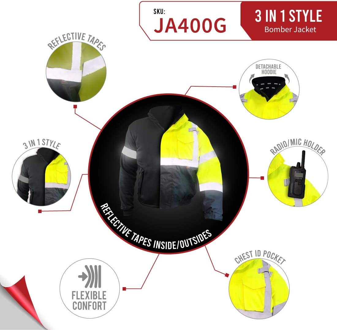 Fierce Safety JA400G 3-in-1 Superior Hi-Vis Class 3 Bomber Jacket | 100% polyest