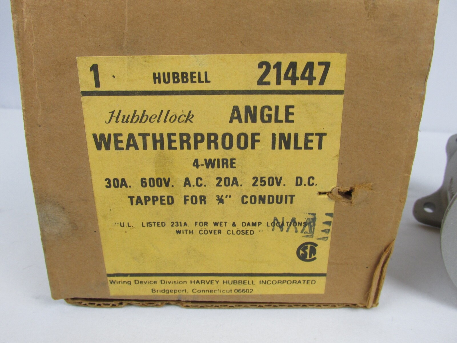 Hubbell 21447 Hubbellock Angle Weatherproof Inlet 30A/600VAC, 20A/250VDC NOS