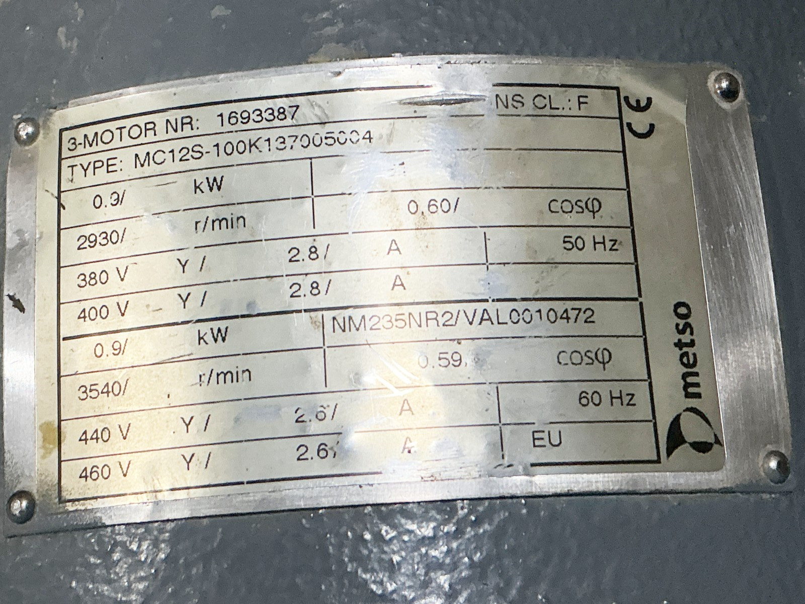 Metso Paper MC12S-100K137005004 Slitter Motor 460V 2.8A 2930RPM 50/60Hz
