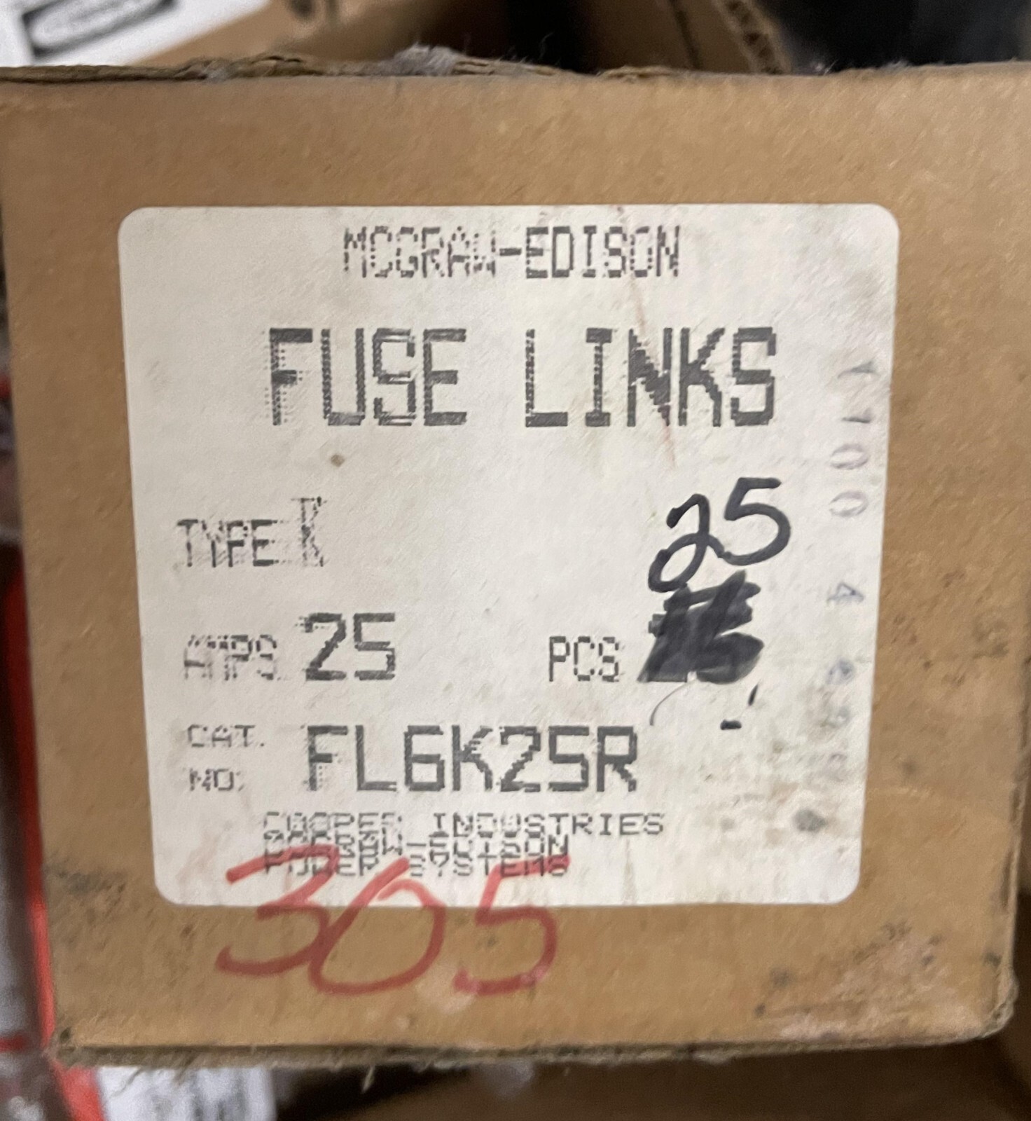 NIB Cooper Industries MCGRAW EDISON FL6K25R Fuse Links 25 AMP, 25 pcs