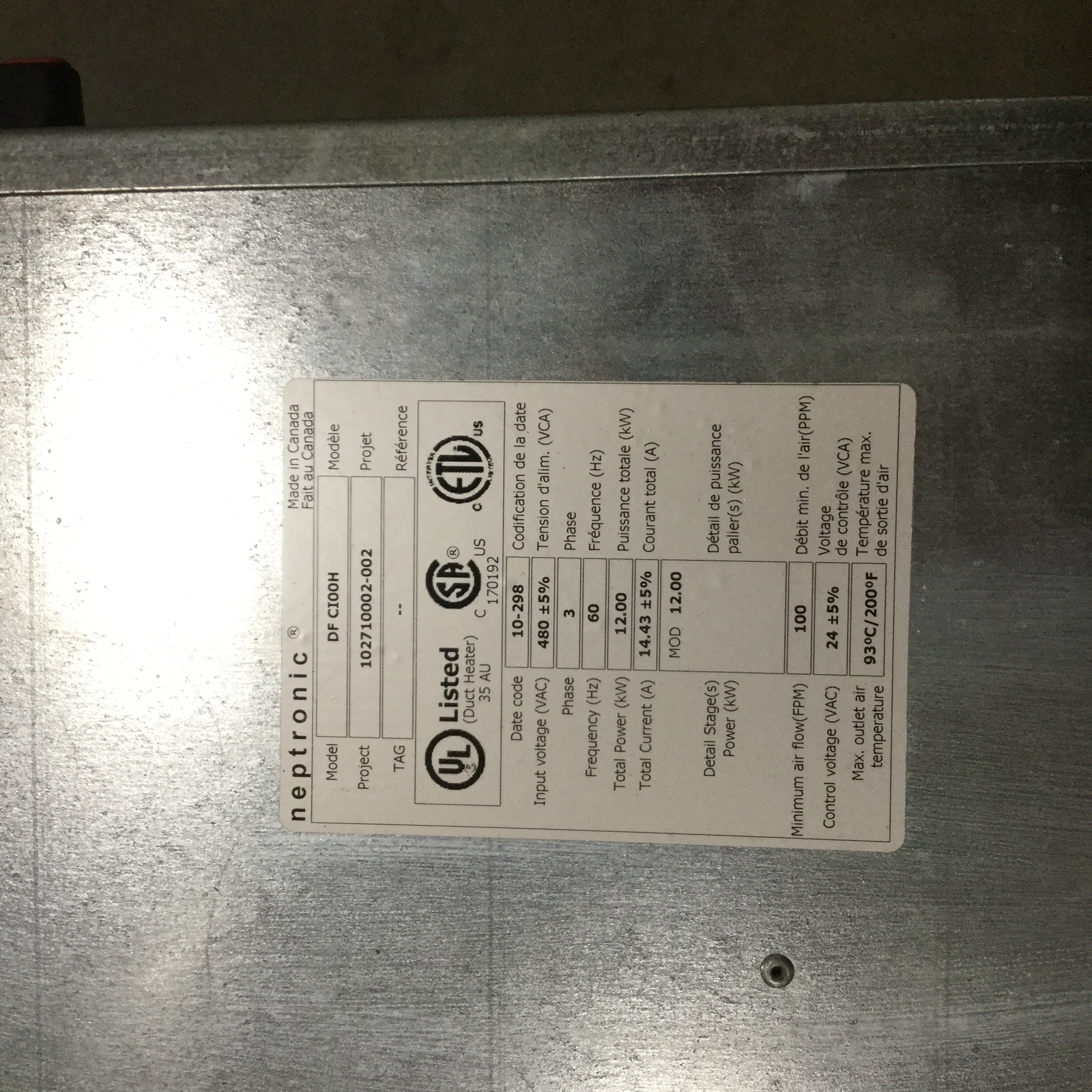 Neptronic DF CI00H Electric Duct Heater, 12KW, 14.43A, 480VAC, 3 Phase