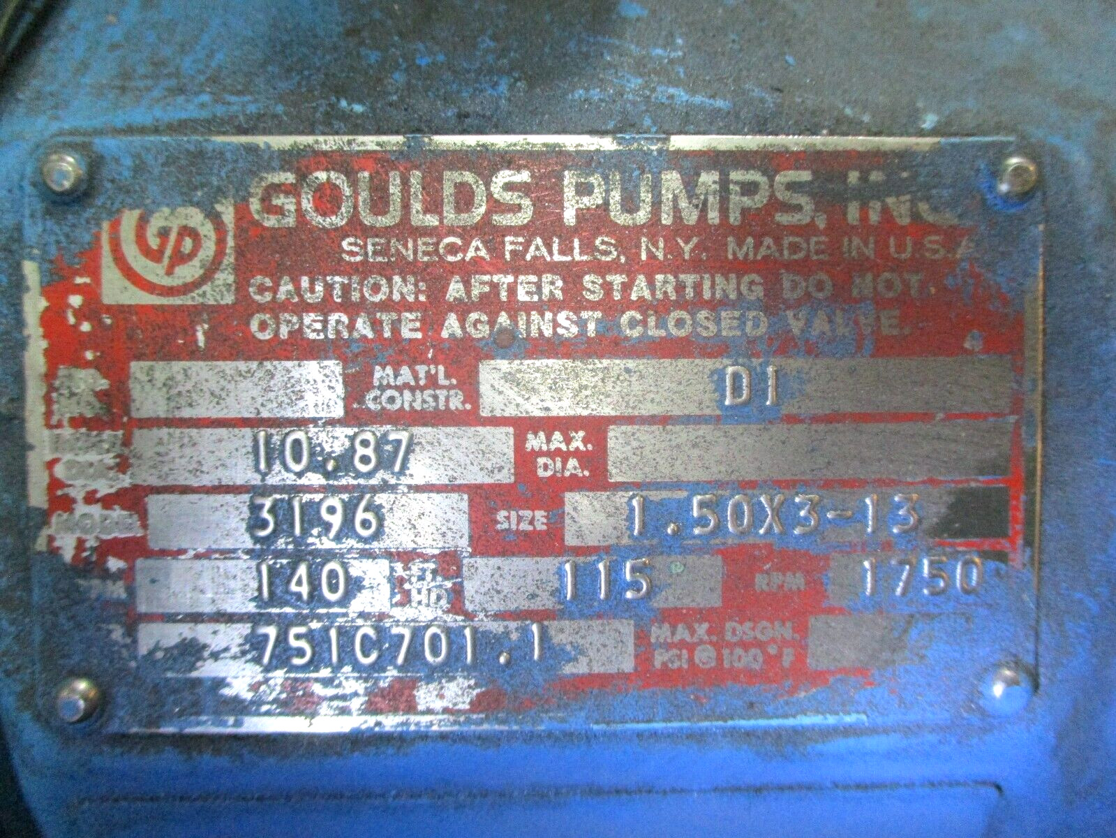 Goulds Pump Size 1.50×3-13 Model 3196 48410DH