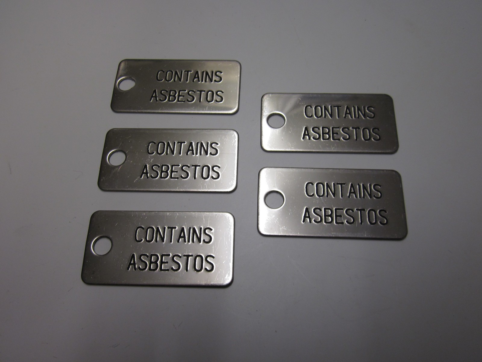 NEW Lot of 5 Stainless Steel “CONTAINS ASBESTOS” Metal Tags 2″ x 1″