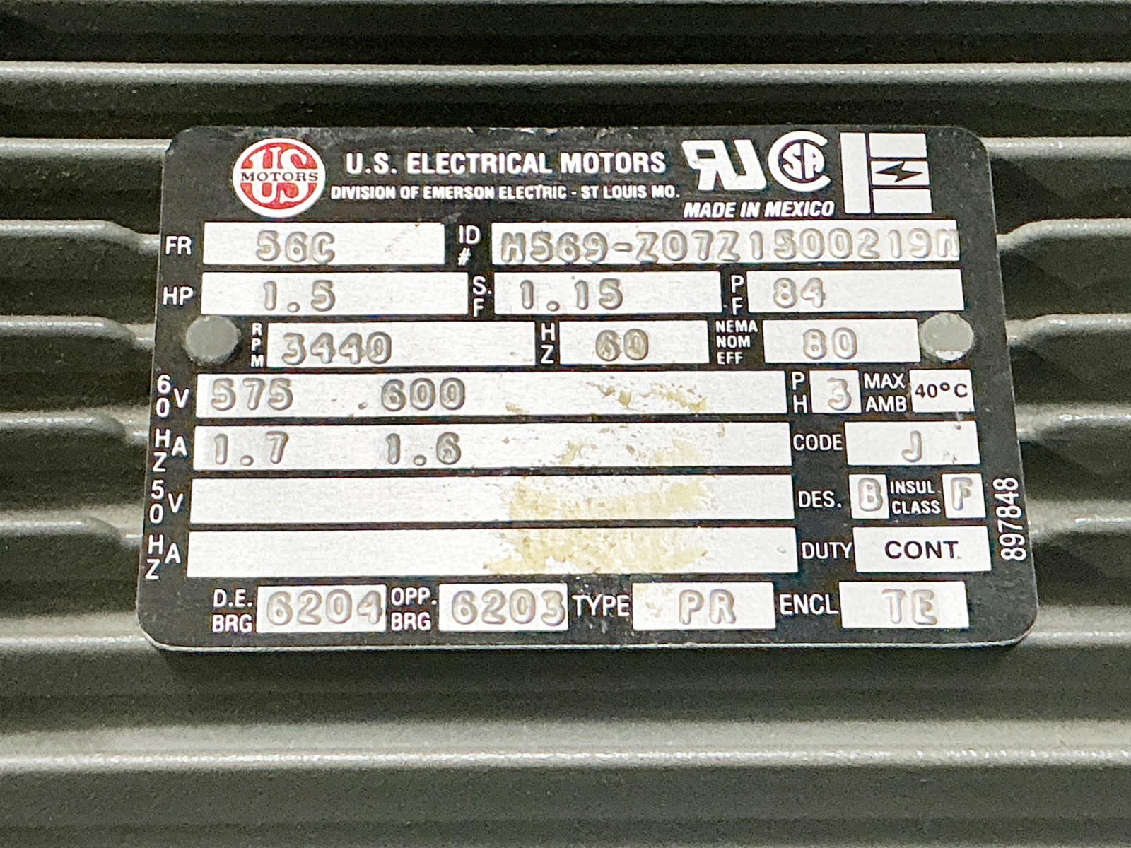US Electrical Motors H569-Z07Z1500219M Electric Motor 1.5HP 575V 3440RPM 3PH 56C