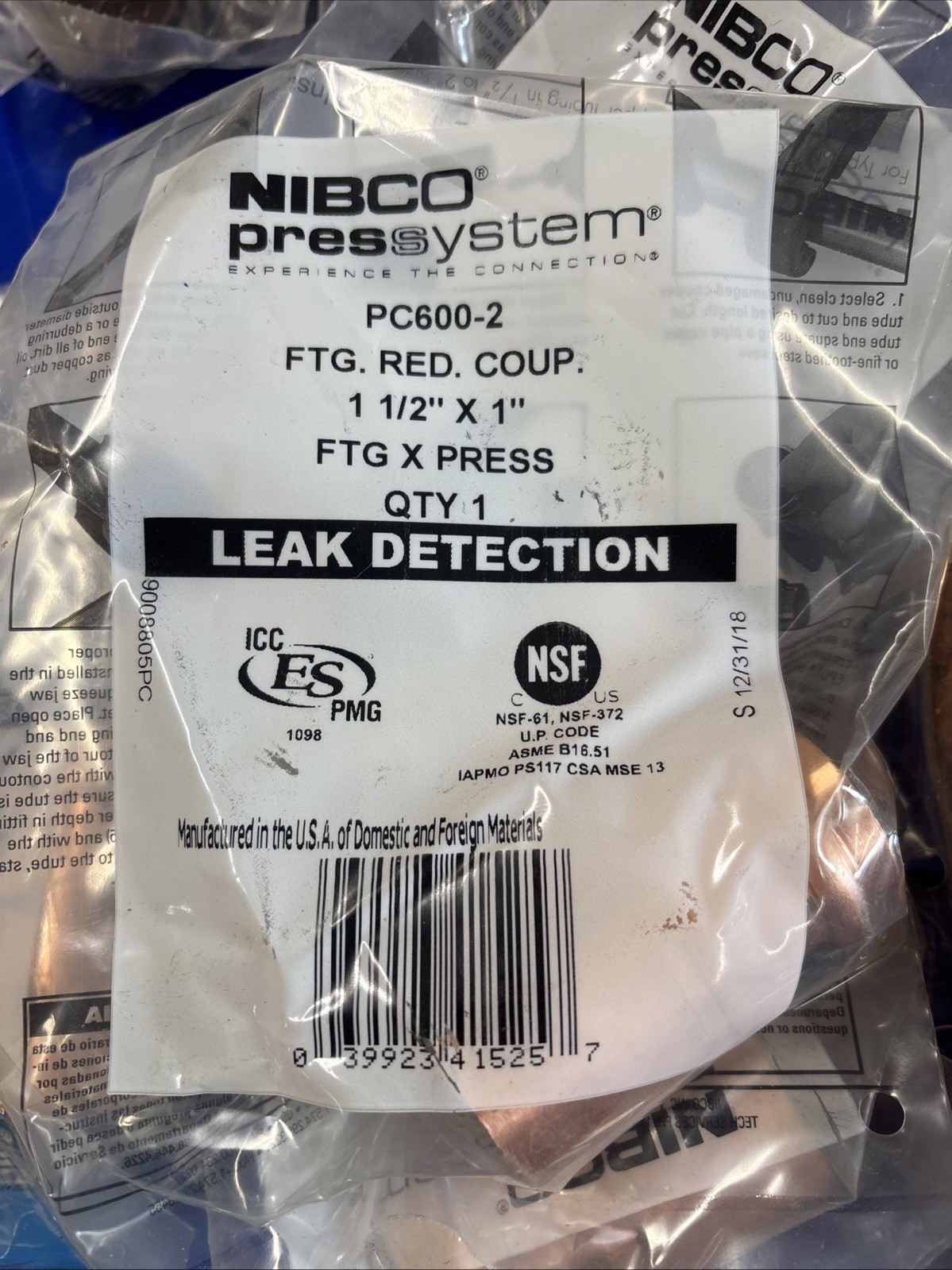 (2) NIBCO PC600-2 Press Copper Reducer Coupling(s) 1-1/2″ x 1″ FTG x Press