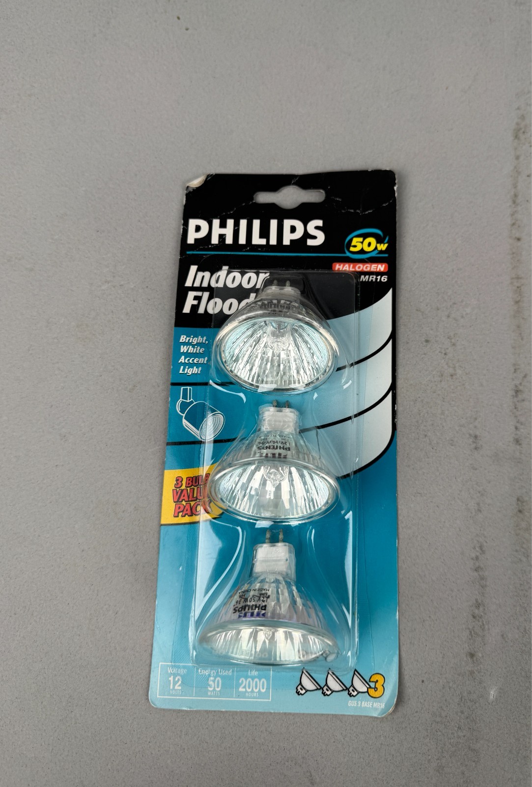 Lot of 3 PHILIPS MR16 Halogen Bulbs 50W Indoor Flood 12V 2000h GU5.3 Brand New