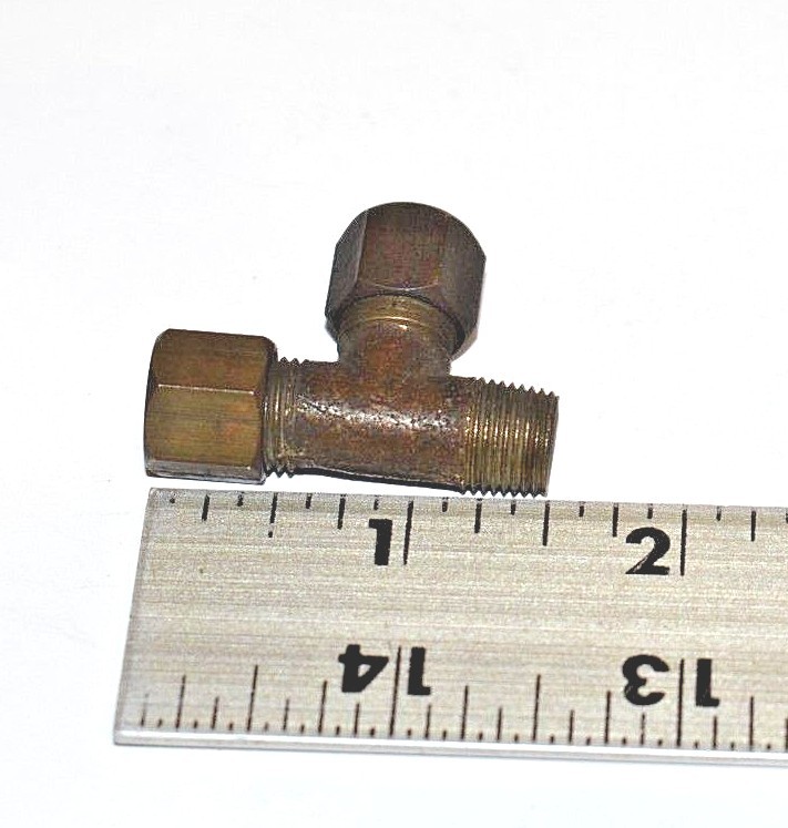 Vintage Brass Tee 1/8″ Male NPT x 1/4 x 1/4 Compression Tube Branch Tee