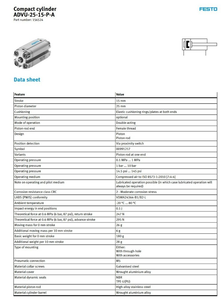 FESTO ADVU-25-15-P-A COMPACT CYLINDER 25MM BORE 15MM STROKE, 156524