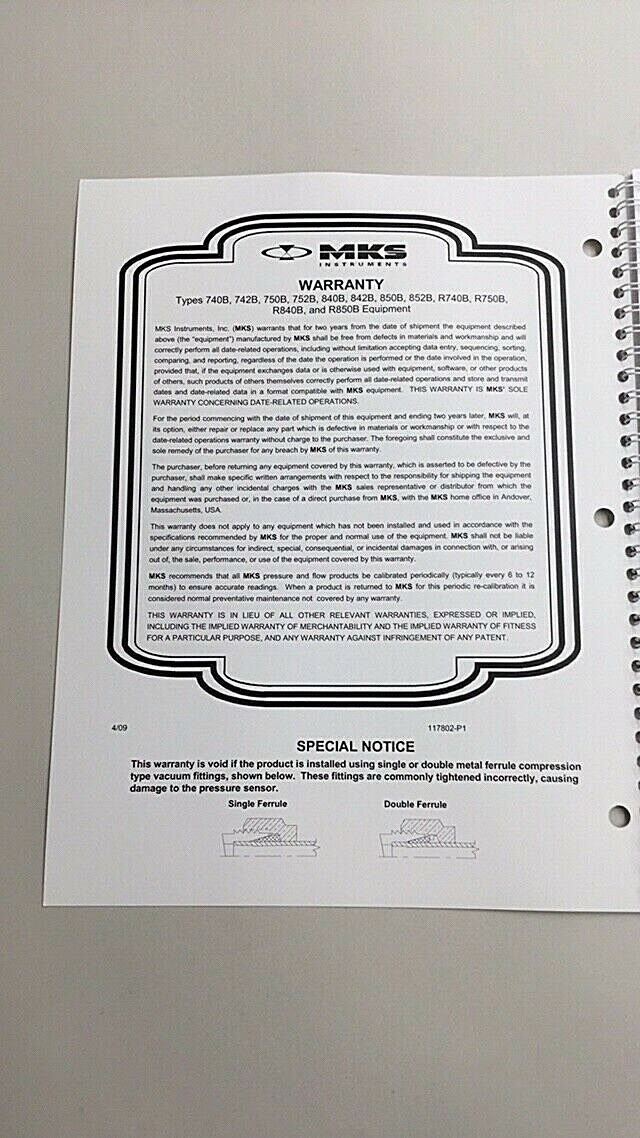 MKS Baratron 117802-P1 Revision F Instruction Manual For Pressure Transducers