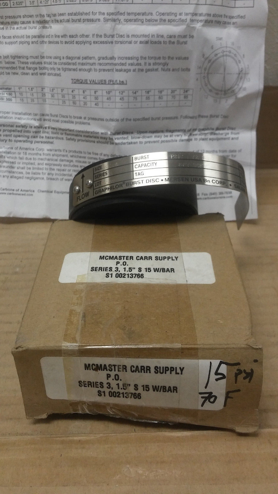 MCMASTER CARR 1.5″ Series 3 15 PSIG Graphite Flanged GRAPHILOR BURST DISC