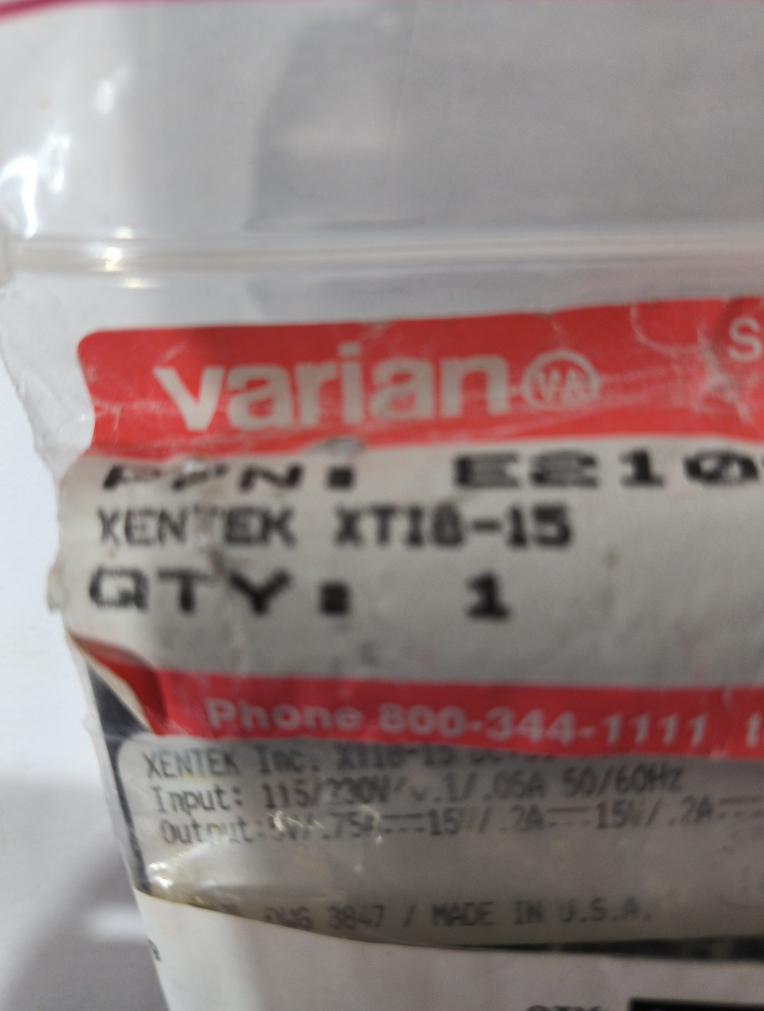 VARIAN DC POWER SUPPLY P/N E21000001 / XENTEK XTI8-15, 5 V, 15 V, NOS