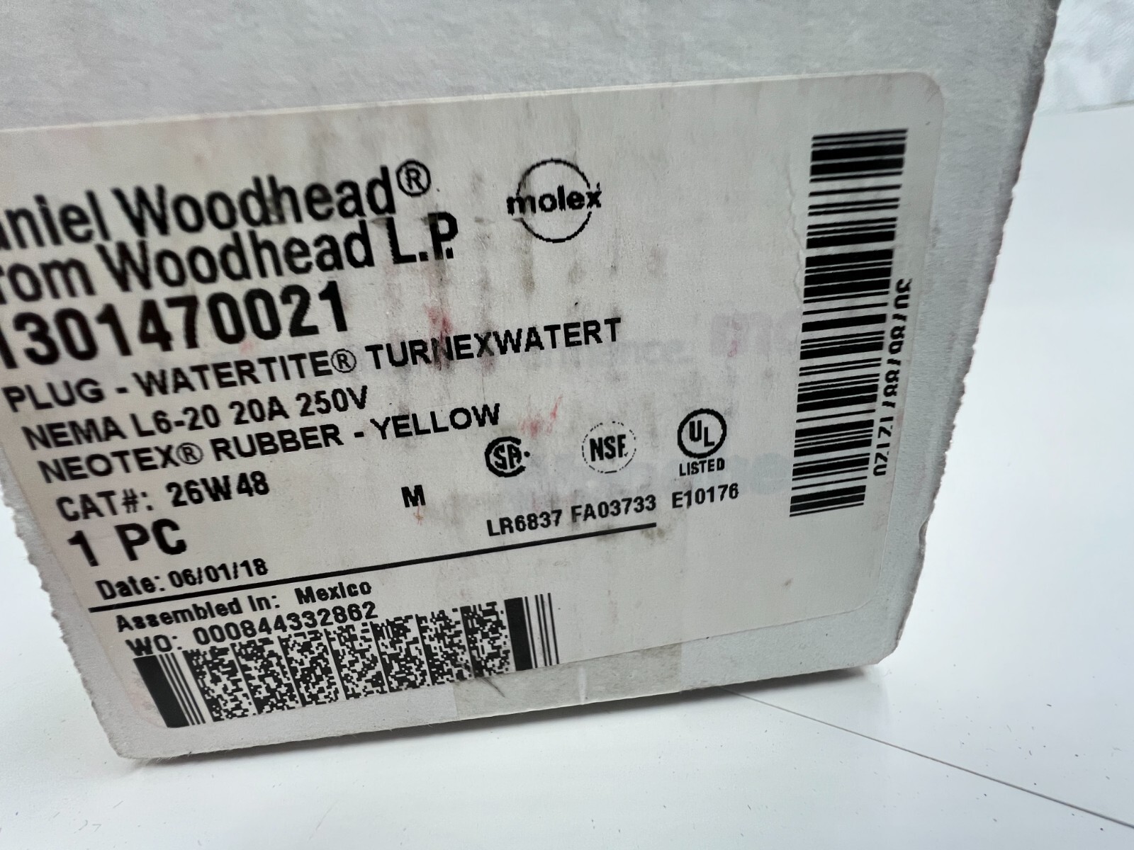 Woodhead Water Tite Connector Plug 1301470021 L6-20 20A 250V Neotex Rubber