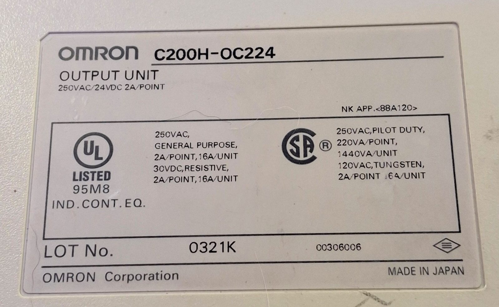 1 USED OMRON C200H-OC224 GENERAL PURPOSE OUTPUT UNIT 250VAC 24/VDC 2A POINT
