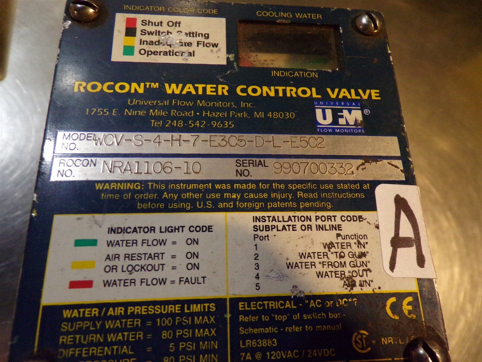 Rocon UFM WCV-S-4-H-7-E3C5-D-L-E5C2 Water Control Valve NRA1106-10