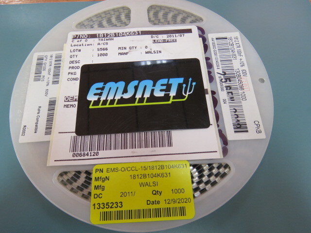 WALSIN 1812B104K631LT Qty of 1000 per Lot Cap Ceramic 0.1uF 630V X7R 10% Pad SM