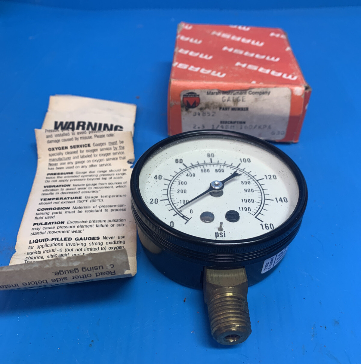 MARSH PRESSURE GAUGE 0-160 Psi J4852 2.5 1/4″BM 0-160 KPA NEW NOS USA Made