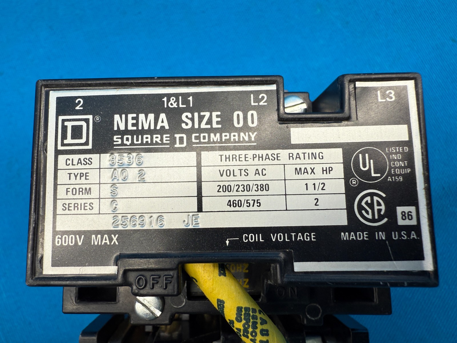 Square D 8536 Type A0-2 NEMA Size-00 3-Phase A/C Magnetic Motor Starter
