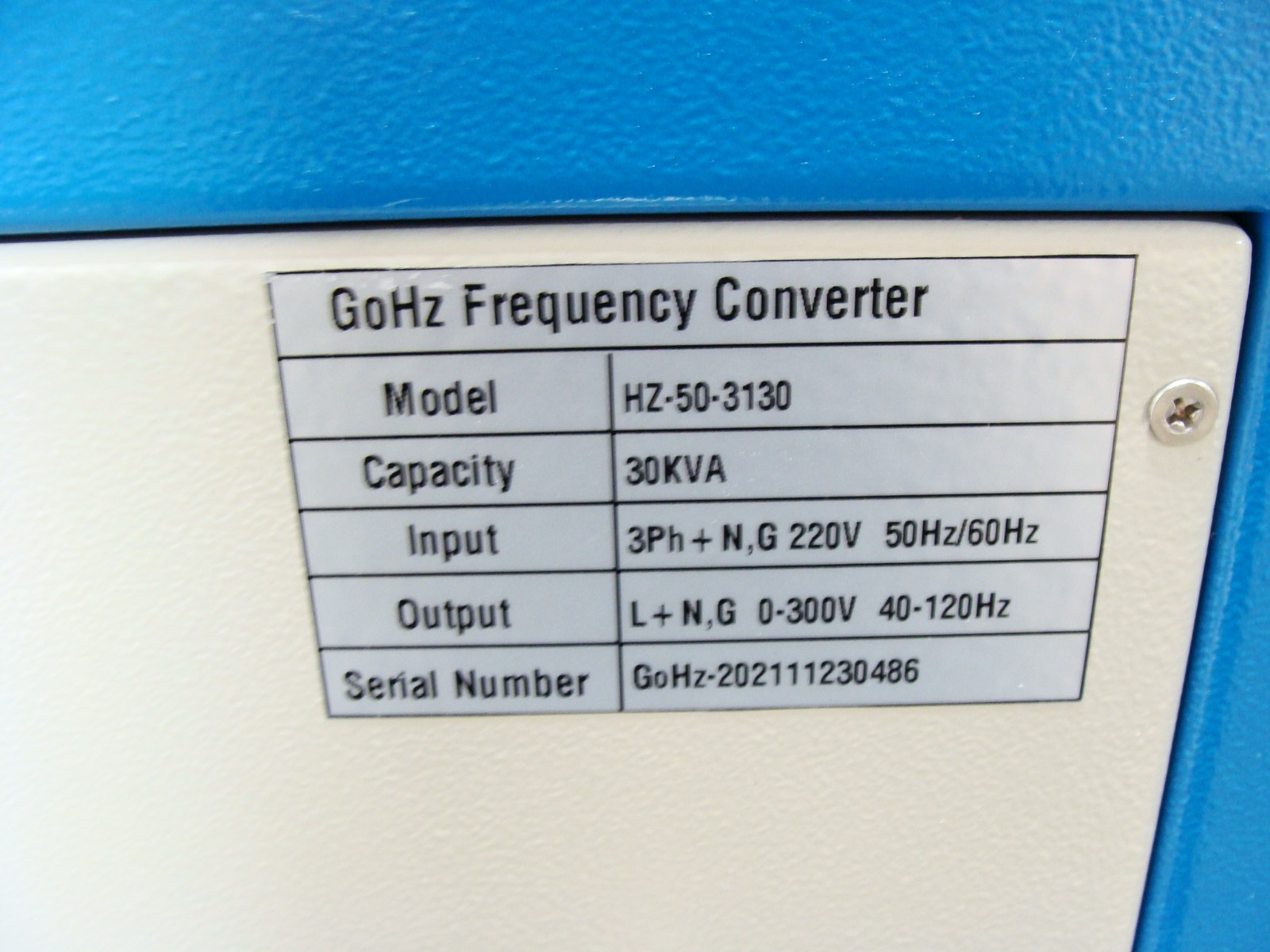 GoHz 30kVA Frequency Converter; 3Ph 220v 50/60hZ Input, 3ph 0-300V 40-120hZ Out