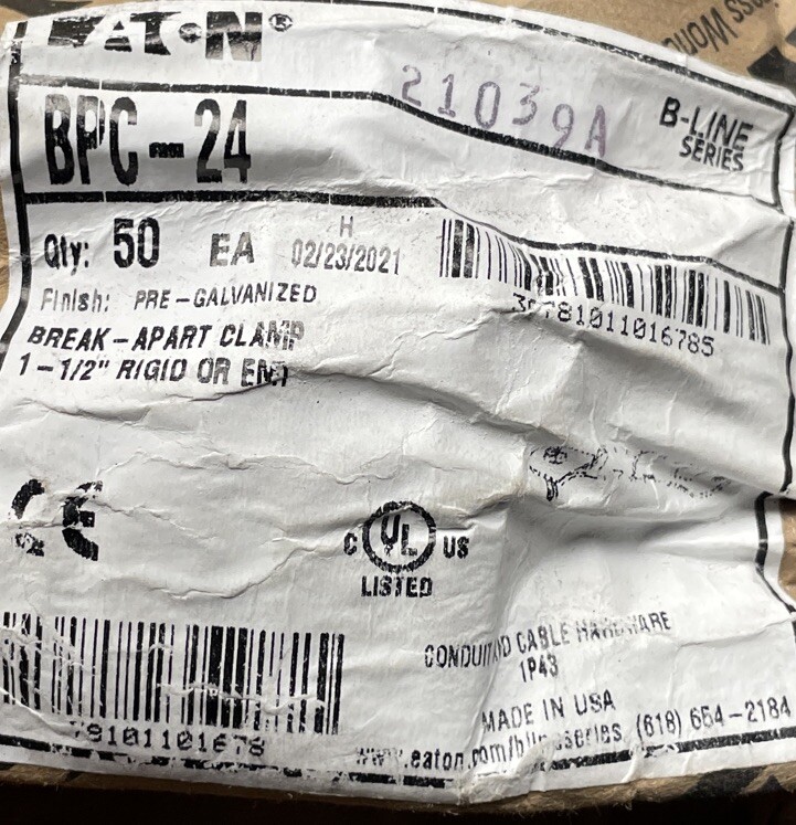 NOS Lot of 50 Eaton/B-Line BPC-24 Break-Apart Clamp 1-1/2″ BPC24