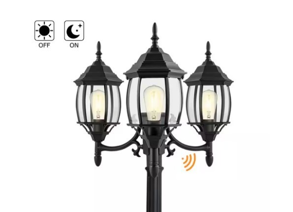 Hukoro 85.43 in. 3-Light Matte Black Metal Hardwired Waterproof Post Light Set