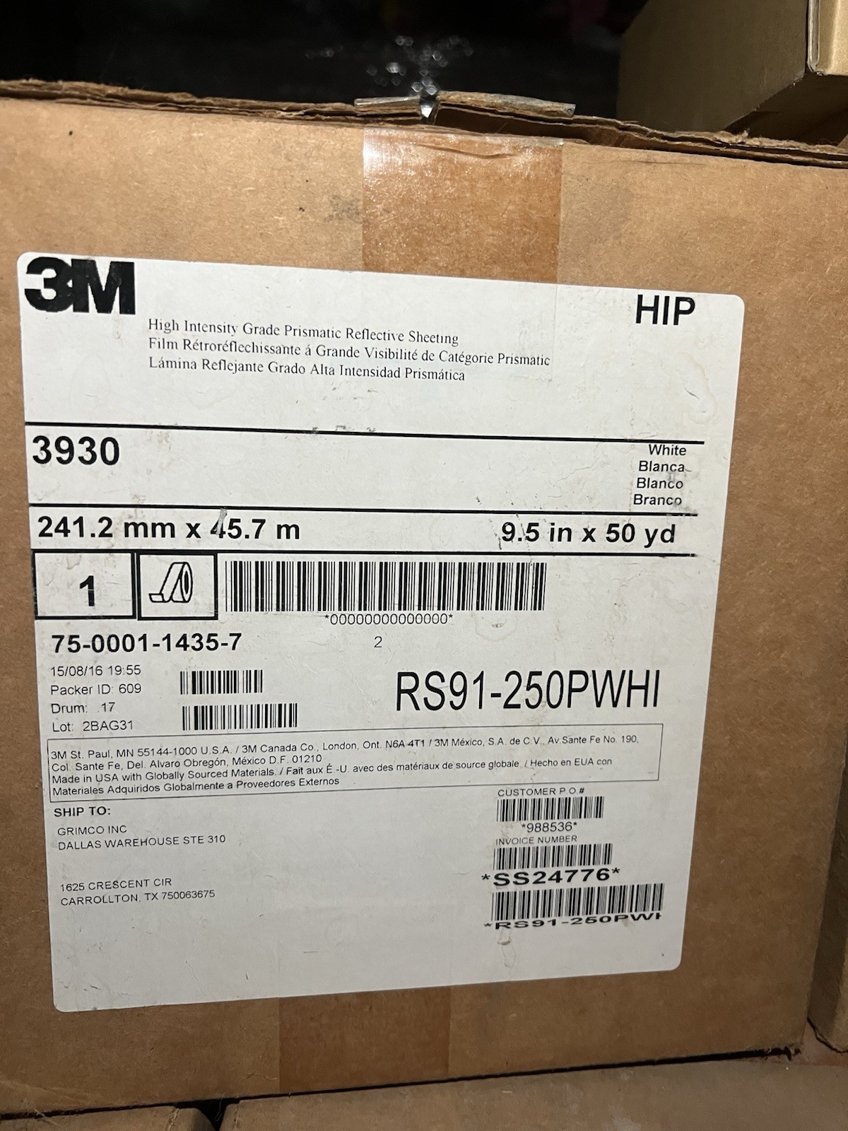 High Intensity Prismatic Reflective White Sheeting 3M 3930 | 9.5 in X 50 yd
