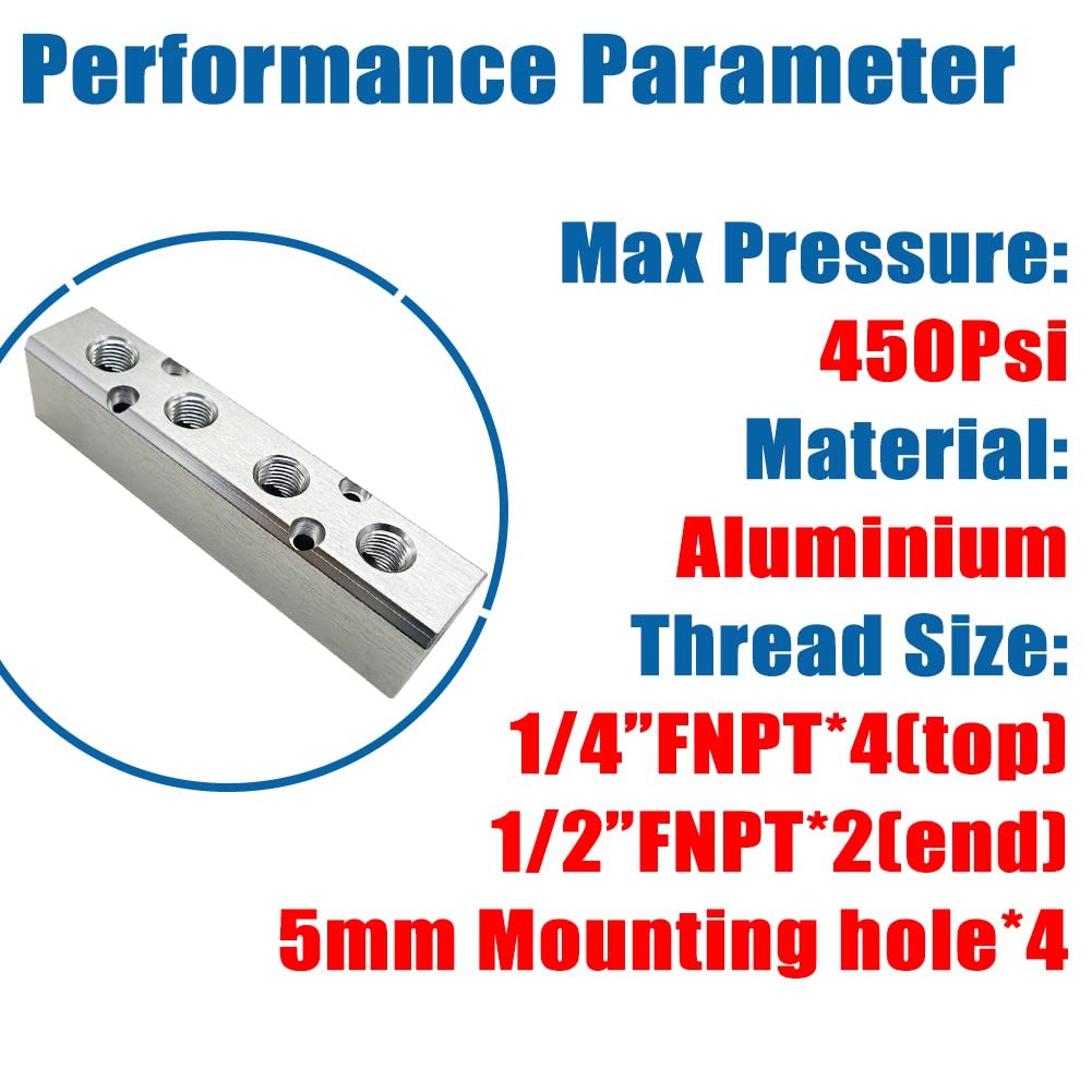 1 PC 4 Way 6 Port Air Manifold 1/2 Inch NPT Supply 1/4 Inch Outport Aluminum