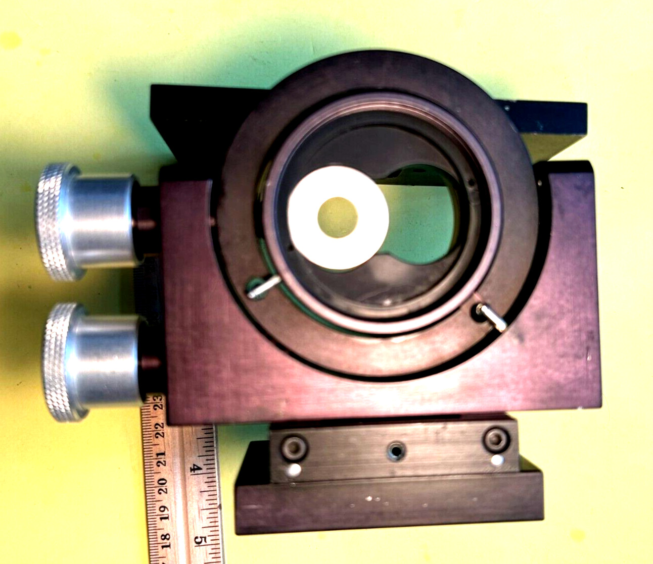 Oriel model 17701 Gimbal mirror mount on linear slide with micrometer.