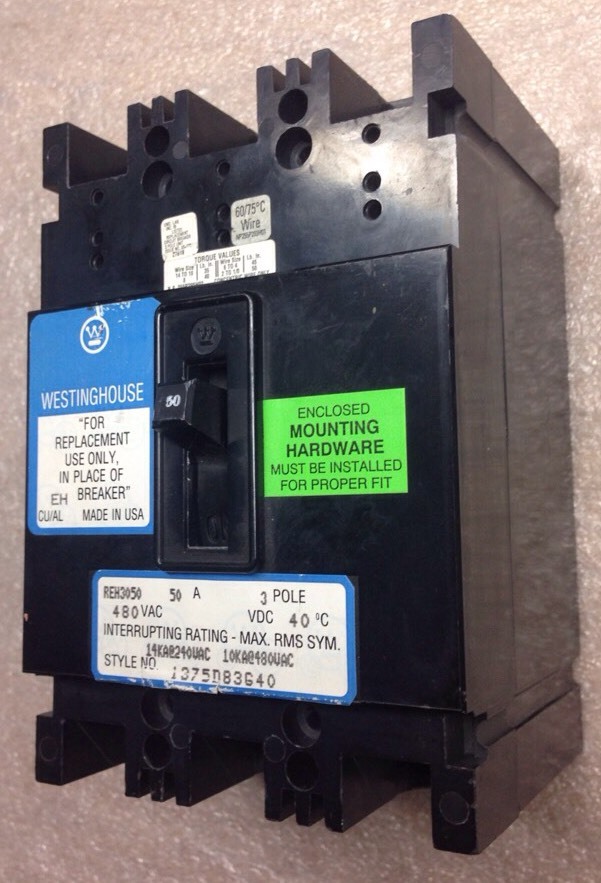 Westinghouse Circuit Breaker 50A, 480V, 3pole, REH3050, SHIPSAMEDAY#131D