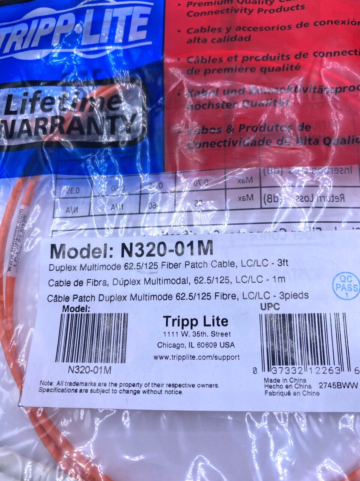 Tripp-Lite Lot of 4 Duplex Multimode Fiber Patch Cable N320-01M, N318-01M, 10925