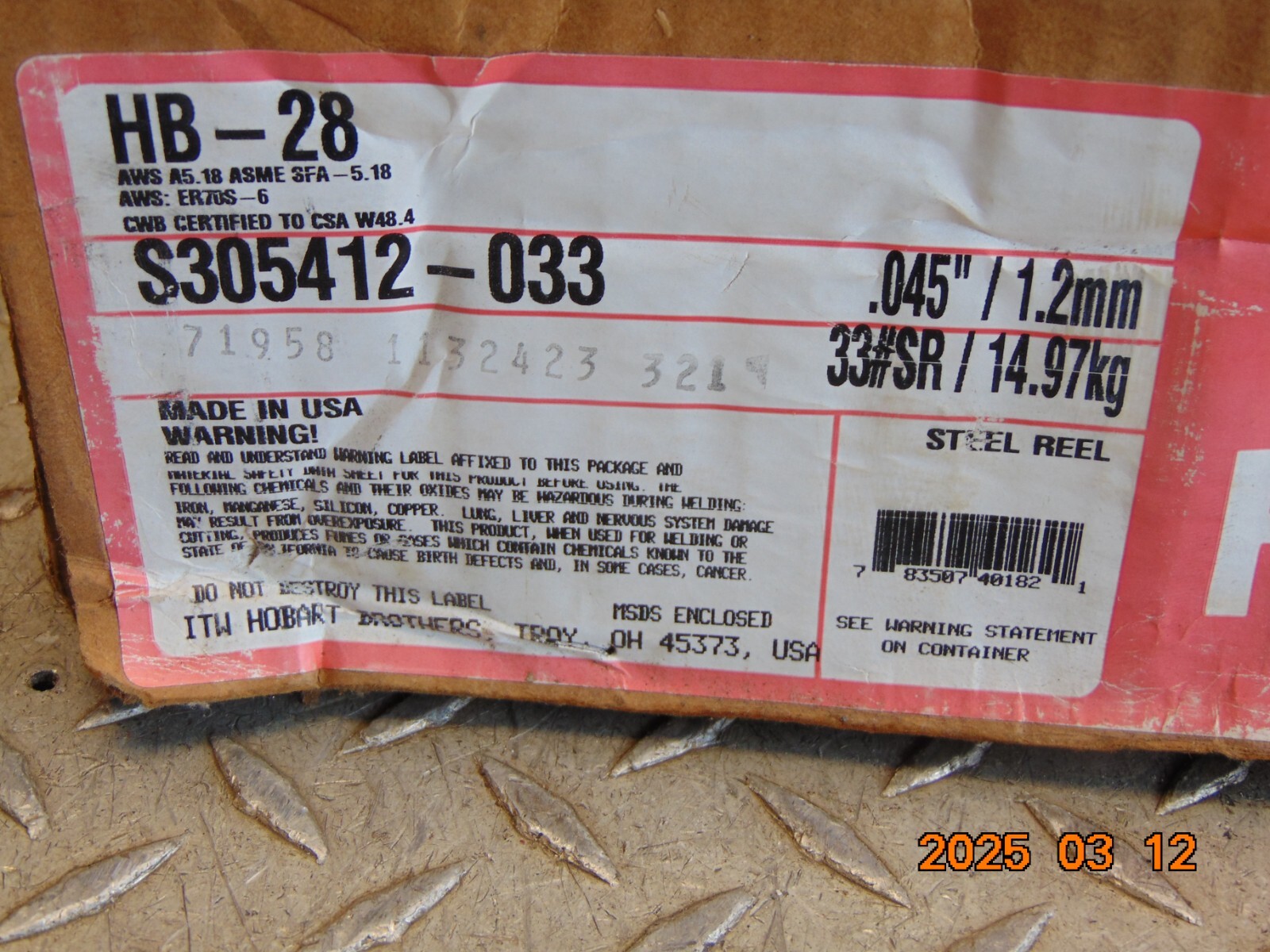 HOBART HB-28 WELDING WIRE .045″/1.2mm 33#SR/14.97kg 33LB AWS A5.18 ASME SFA 5.18