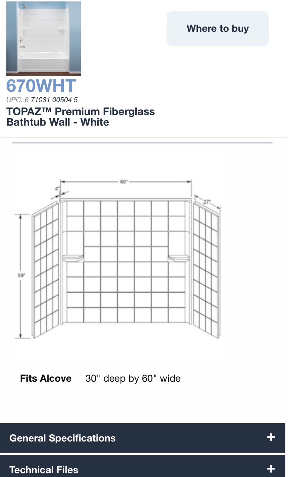 Topaz 60x59x27 in. Alcove Fiberglass Tub And Shower Premium Bathtub Wall Cover