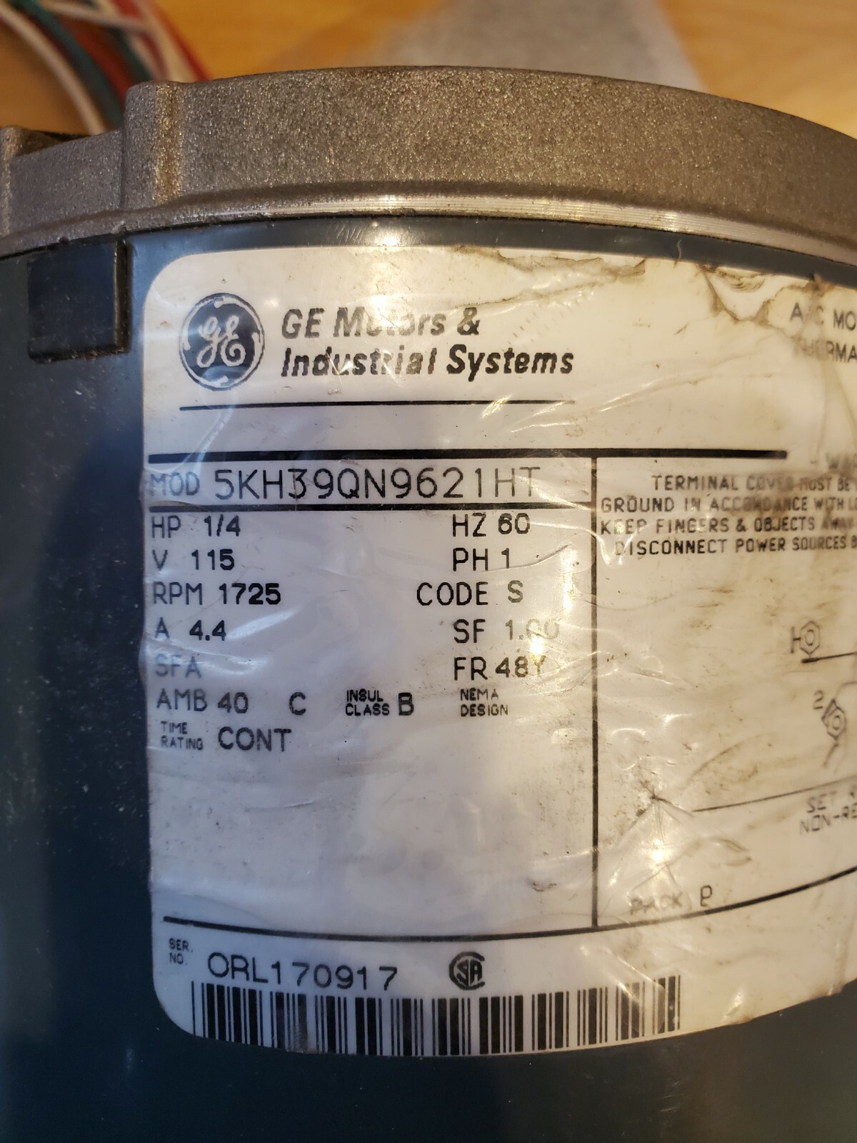 1/4HP 1725PRPM GENERAL ELECTRIC 5KH39QN9621HT SINGLE PHASE MOTOR USED *USA*