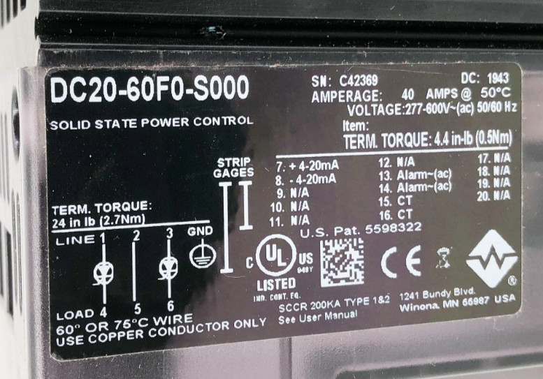New Watlow DC20-60F0-S000 Solid State Power Control 40A 277-600VAC – No Box