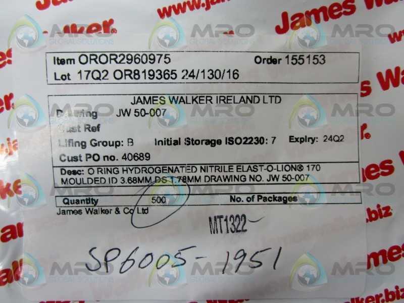 JAMES WALKER 50-007 O-RING (PKG OF 500) NSNP IN FACTOR BAG